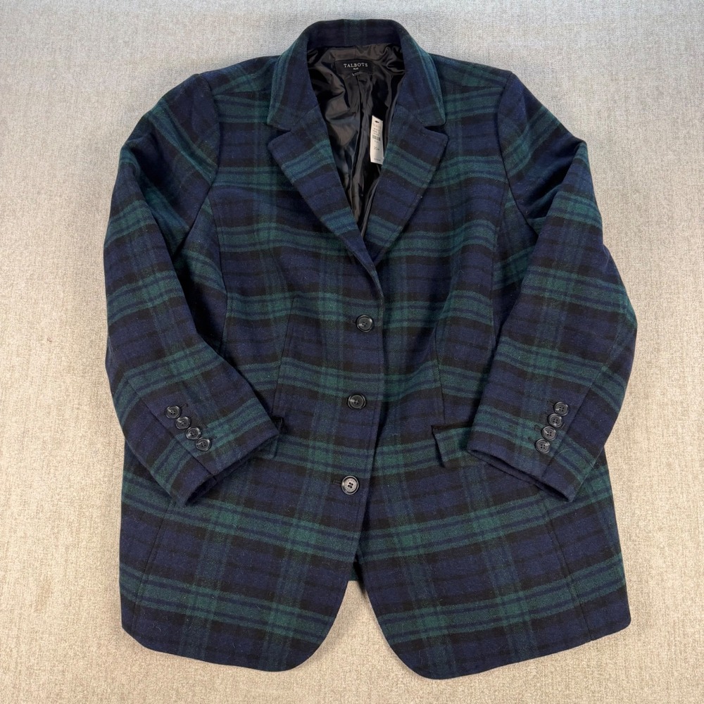 NWT Talbots Blazer Women 20W Green Blue Plaid Wool Blend Black Watch (MSRP $209)